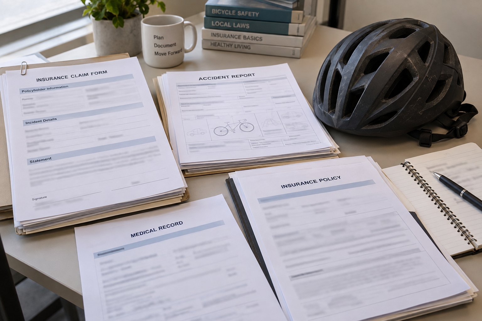 Crash-report and insurance paperwork illustrating evidence and coverage issues after an Elkhart County electric bicycle accident.