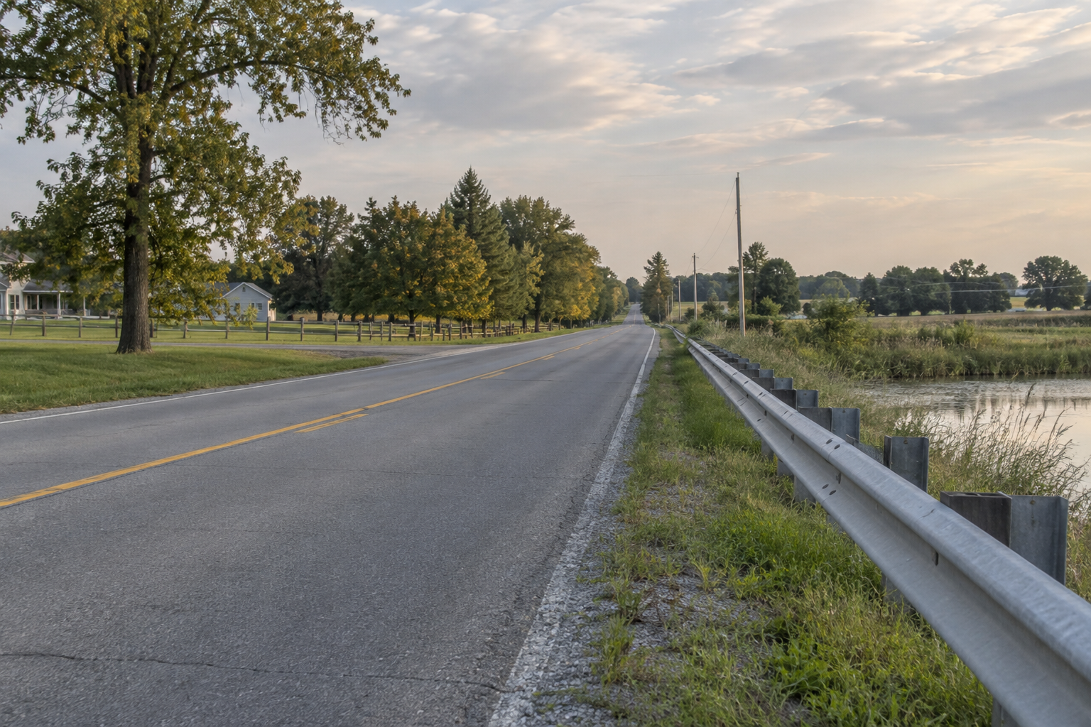 Guardrail beside a rural road in the Fish Lake area of LaPorte County, where the single-vehicle crash was reported.