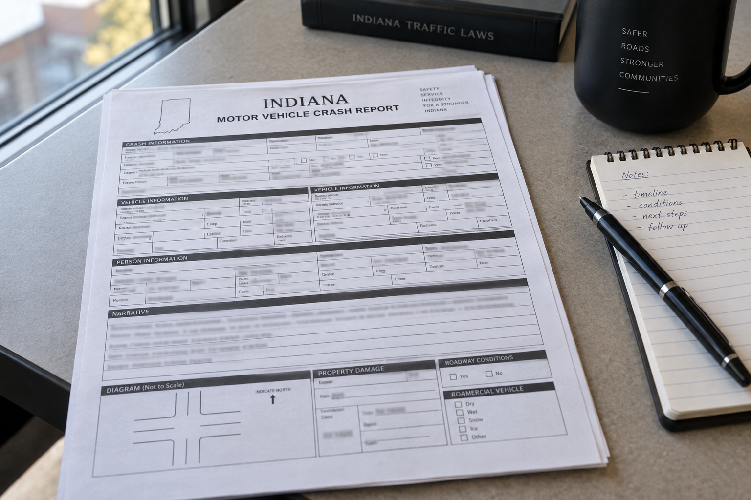 Generic Indiana crash-report paperwork representing the records and evidence that may matter after a LaPorte County collision.