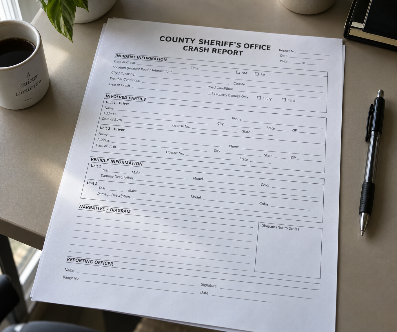 Generic Indiana crash-report paperwork illustrating the DeKalb County Sheriff’s Office investigation.