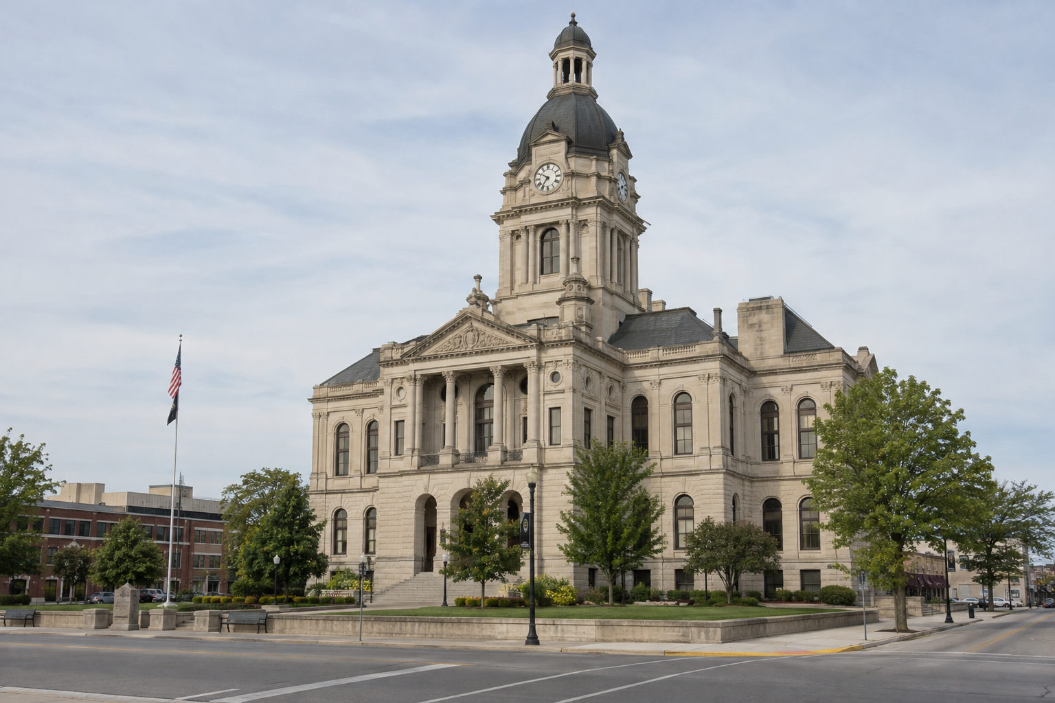 Kosciusko County courthouse exterior, representing the local venue and records relevant to a Lake Wawasee incident.