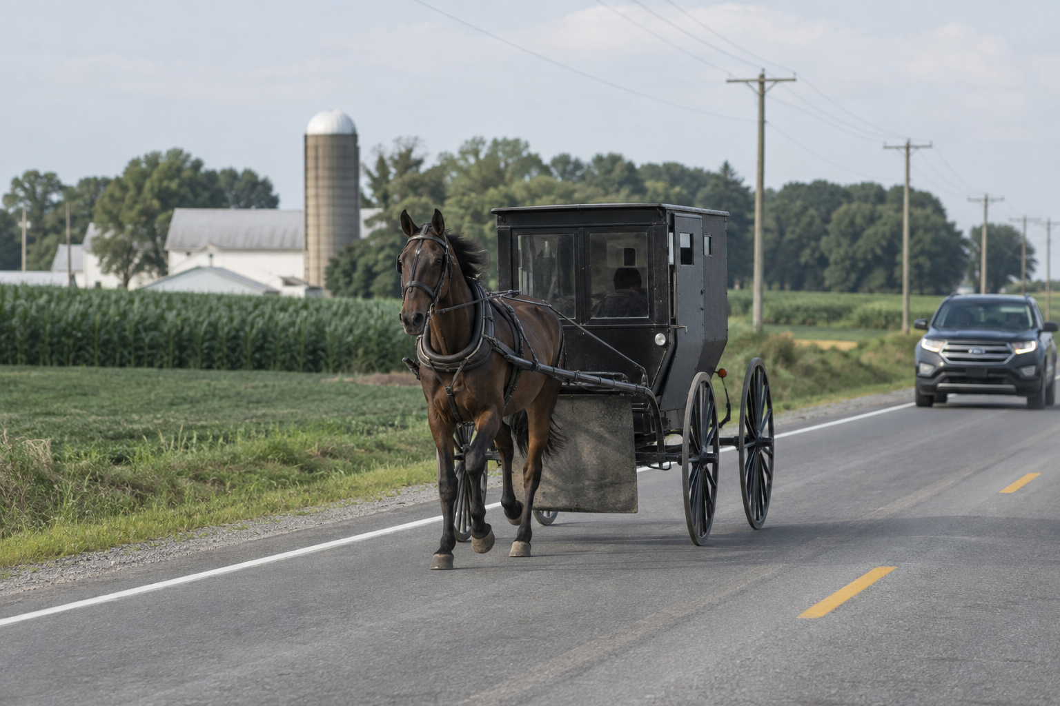 A horse-drawn buggy traveling normally on an Indiana roadway, illustrating the type of vehicle involved in the State Road 13 crash.