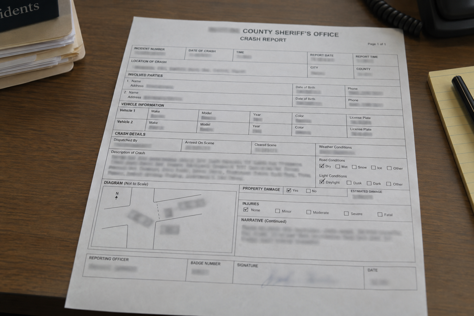 Generic Indiana crash-report paperwork representing records from the Elkhart County Sheriff's Office investigation.