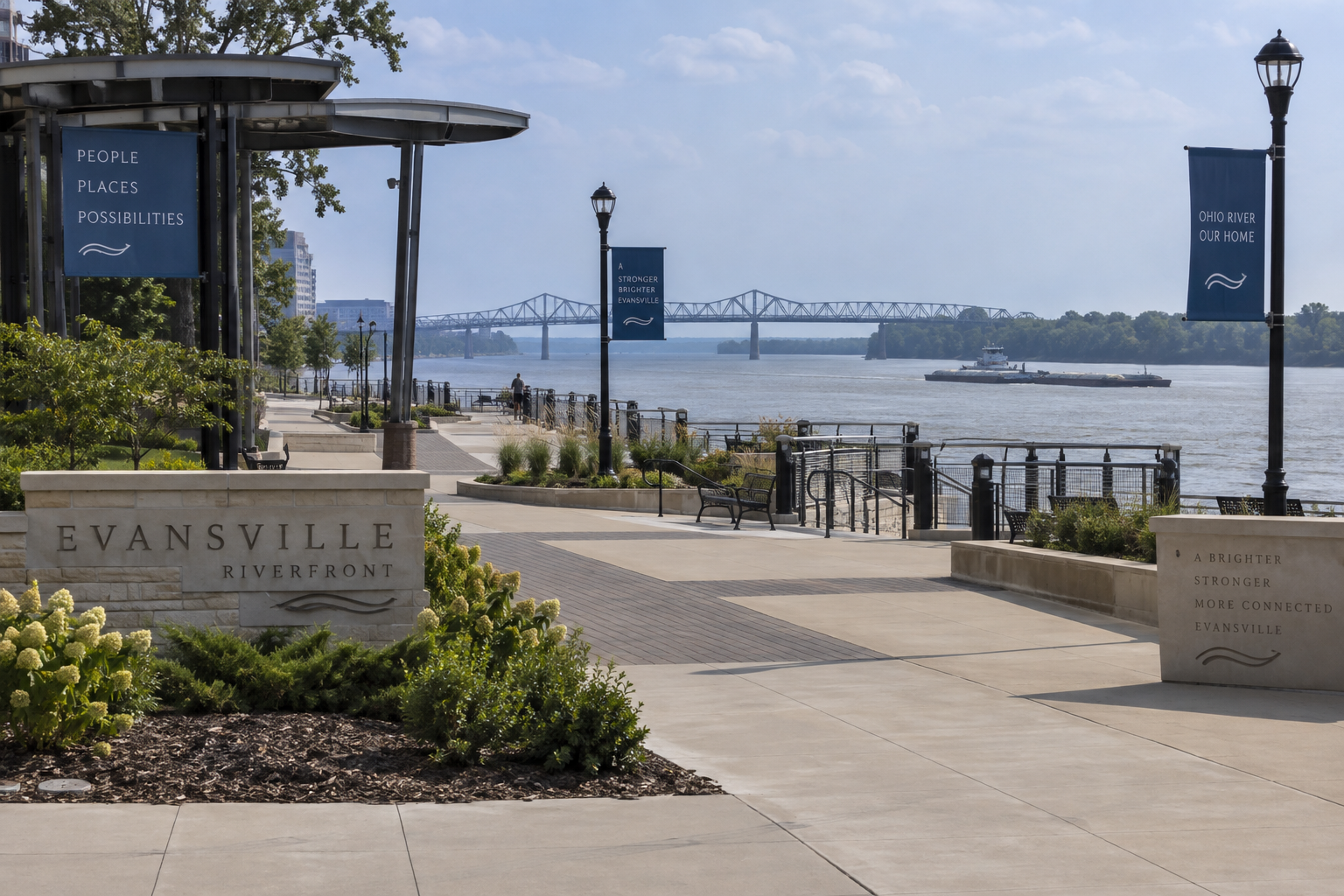 Public riverfront space at Dress Plaza in Evansville, where police investigated the reported stabbing.