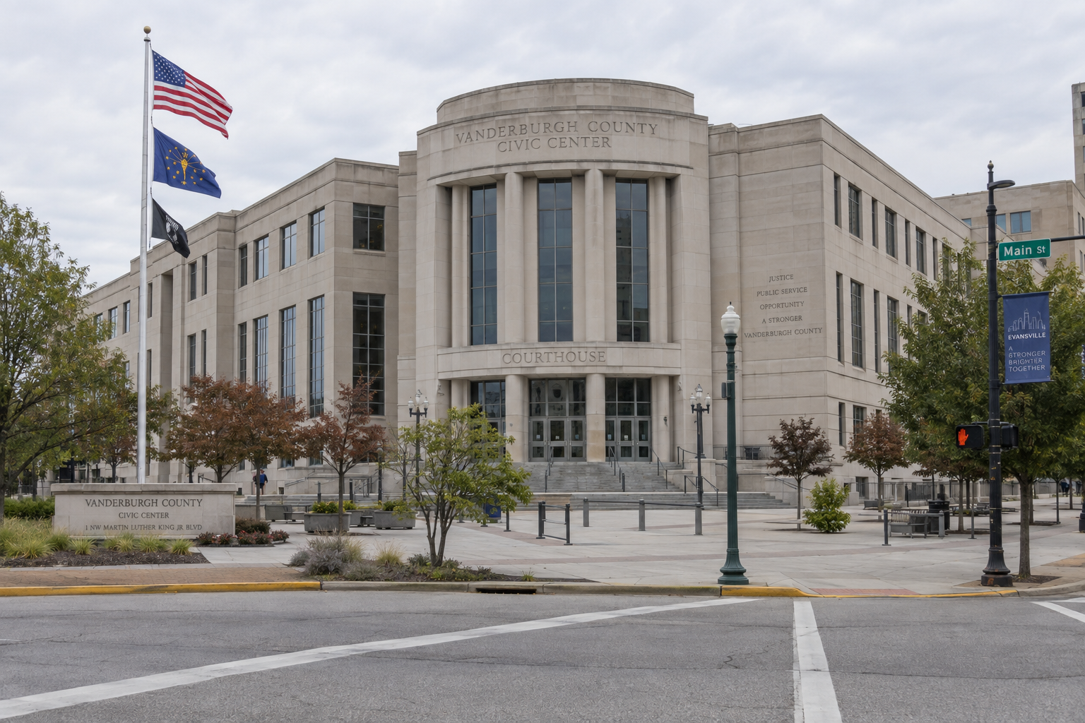 Vanderburgh County courthouse setting in Evansville, relevant to possible criminal and civil proceedings arising from the Dress Plaza incident.
