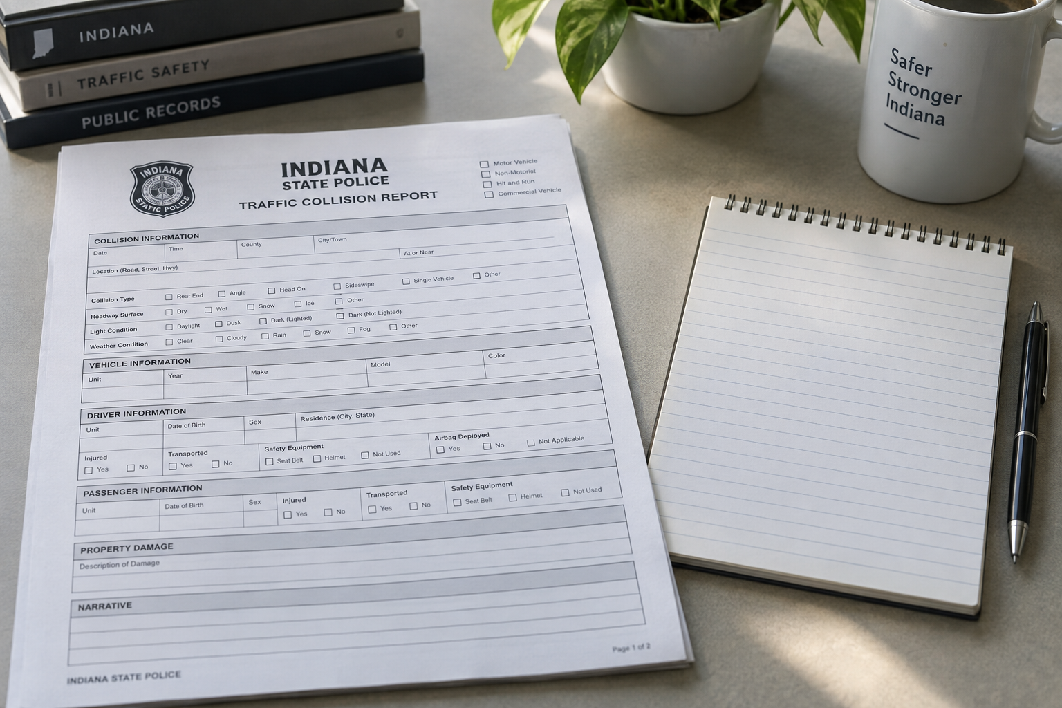 Generic crash report and notes illustrating evidence and police records after a Warsaw, Indiana collision.