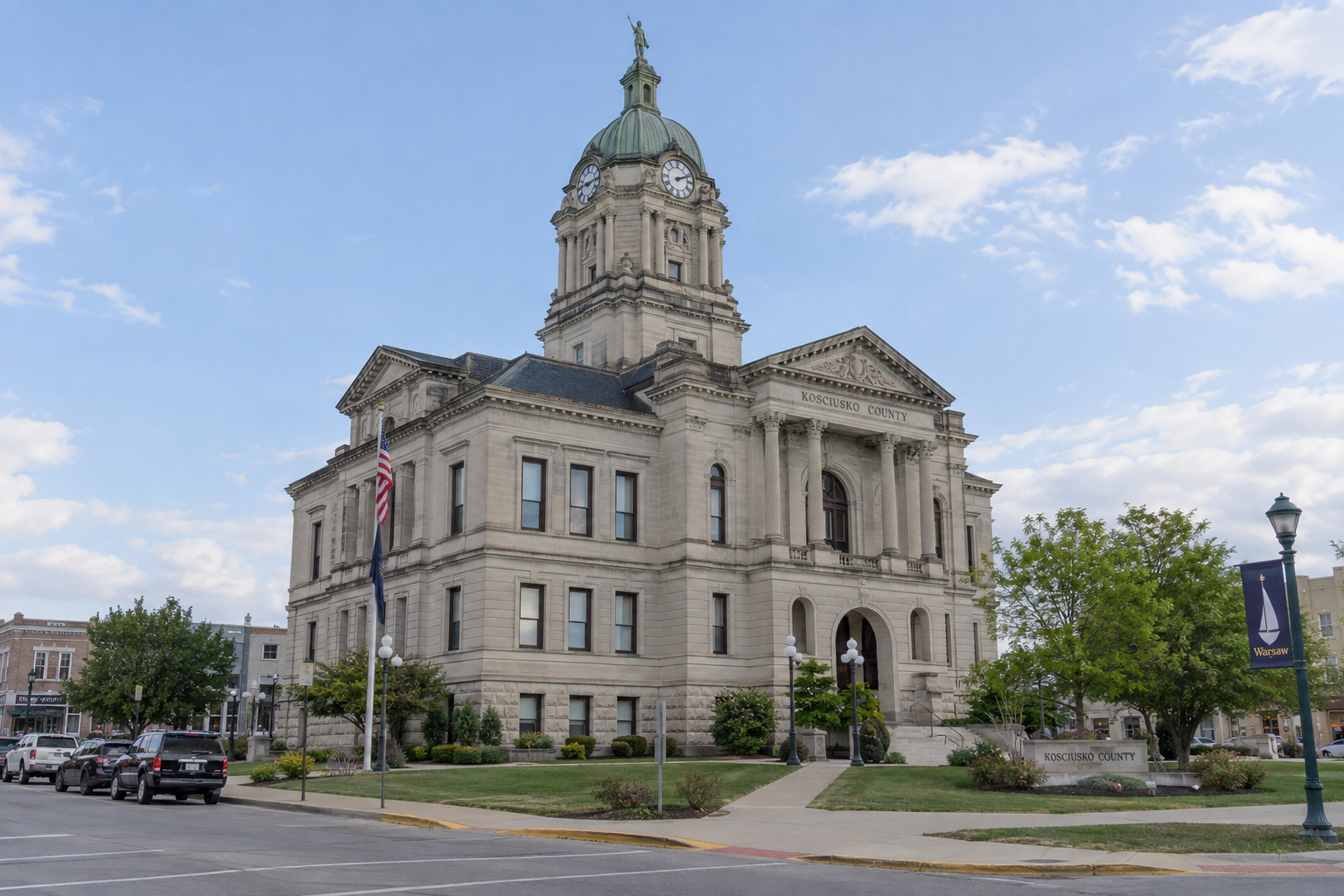 Kosciusko County courthouse in Warsaw, relevant to Indiana filing and fault issues after a local intersection crash.