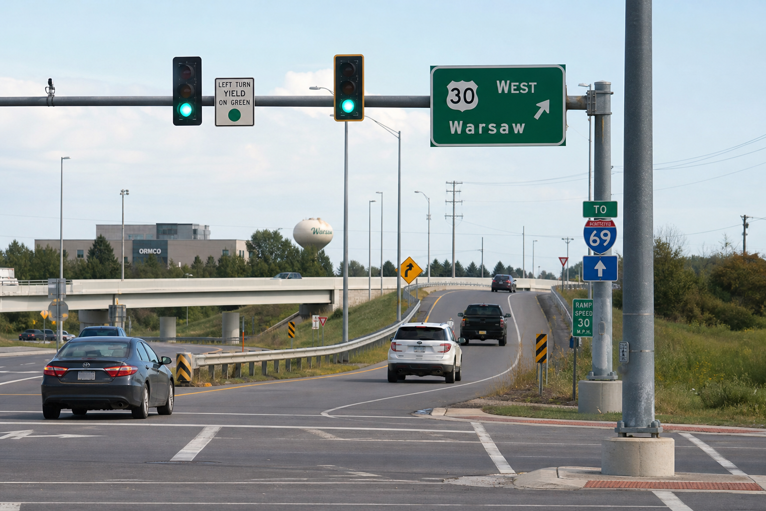 Signal-controlled interchange ramp in Warsaw, Indiana, representing the location of the reported red-light crash.