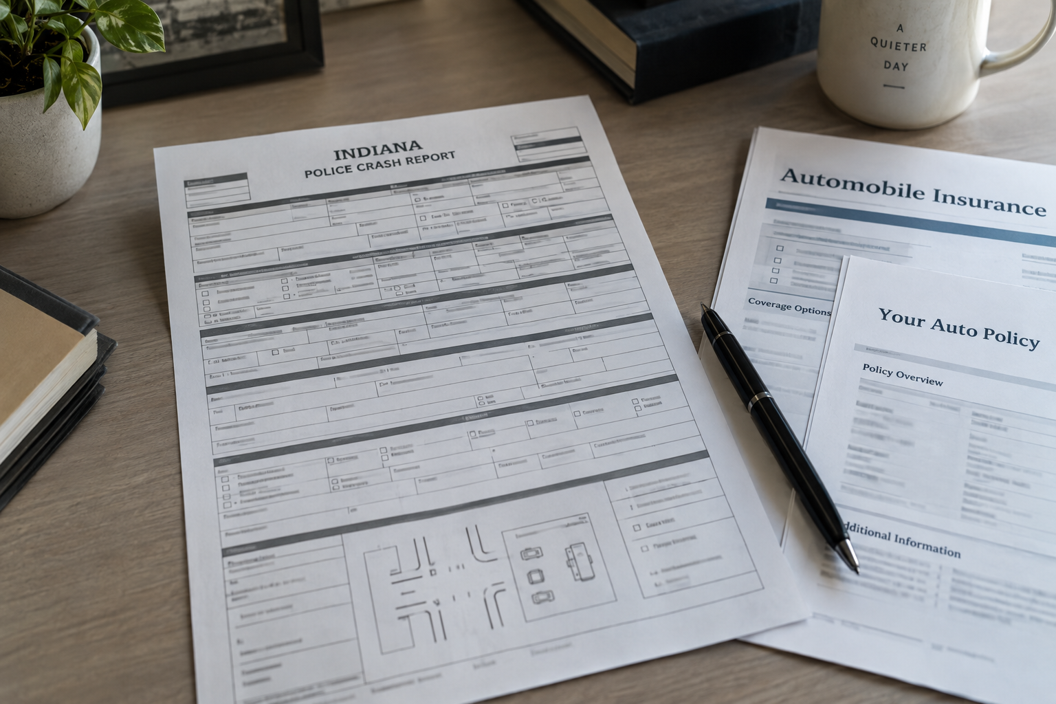 Generic Indiana crash-report and insurance documents illustrating the records that may matter after a Kosciusko County collision.