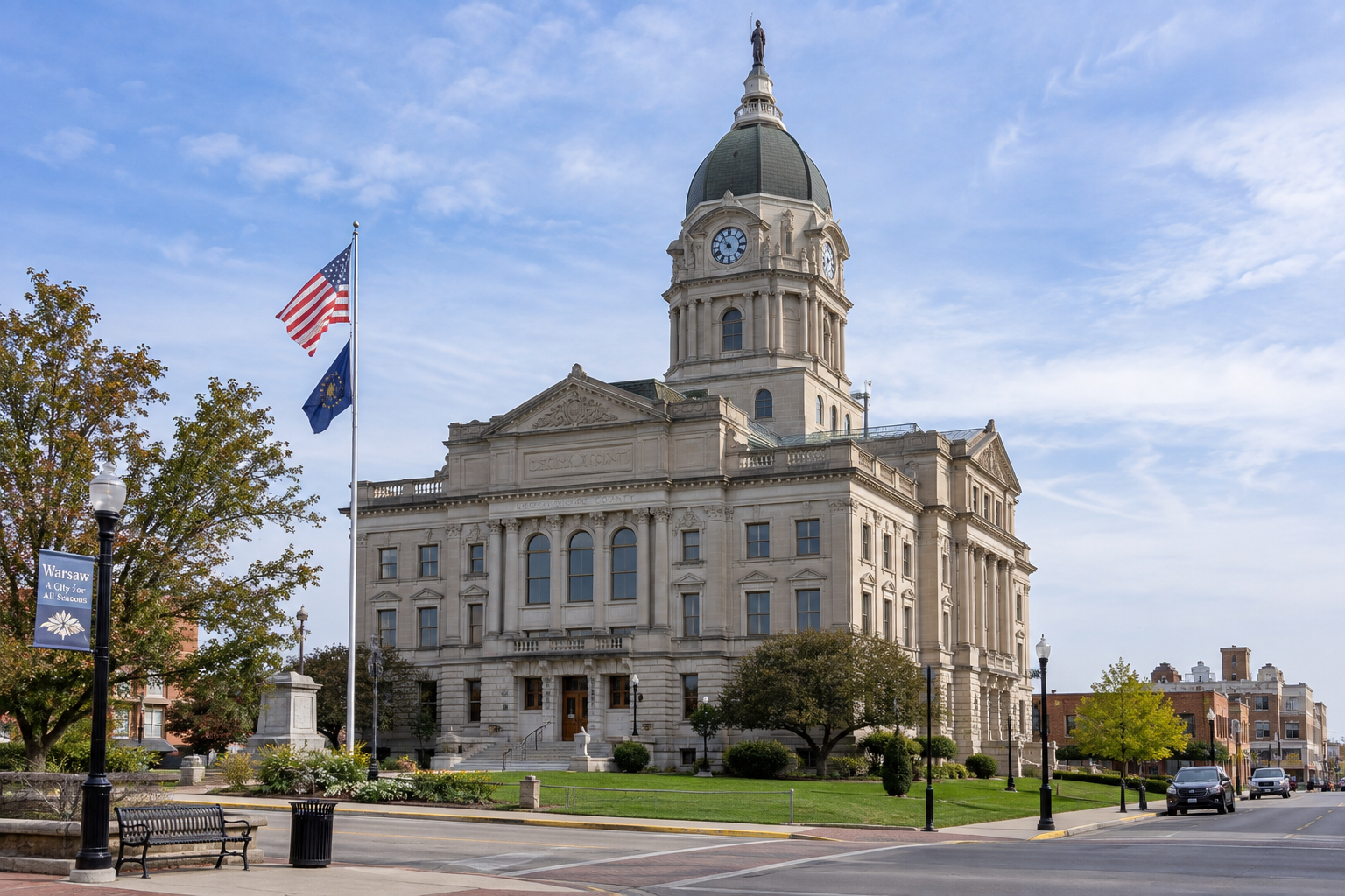 County courthouse exterior in Kosciusko County, relevant to filing deadlines and legal procedures after a Warsaw injury crash.