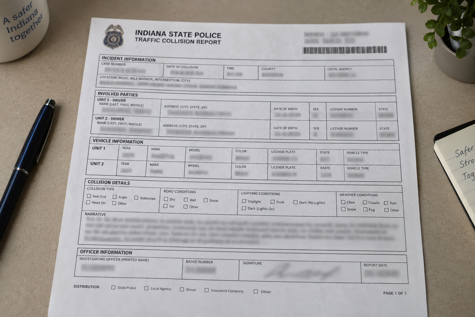 Generic Indiana crash-report paperwork representing the Warsaw Police Department record for the Kosciusko County collision.