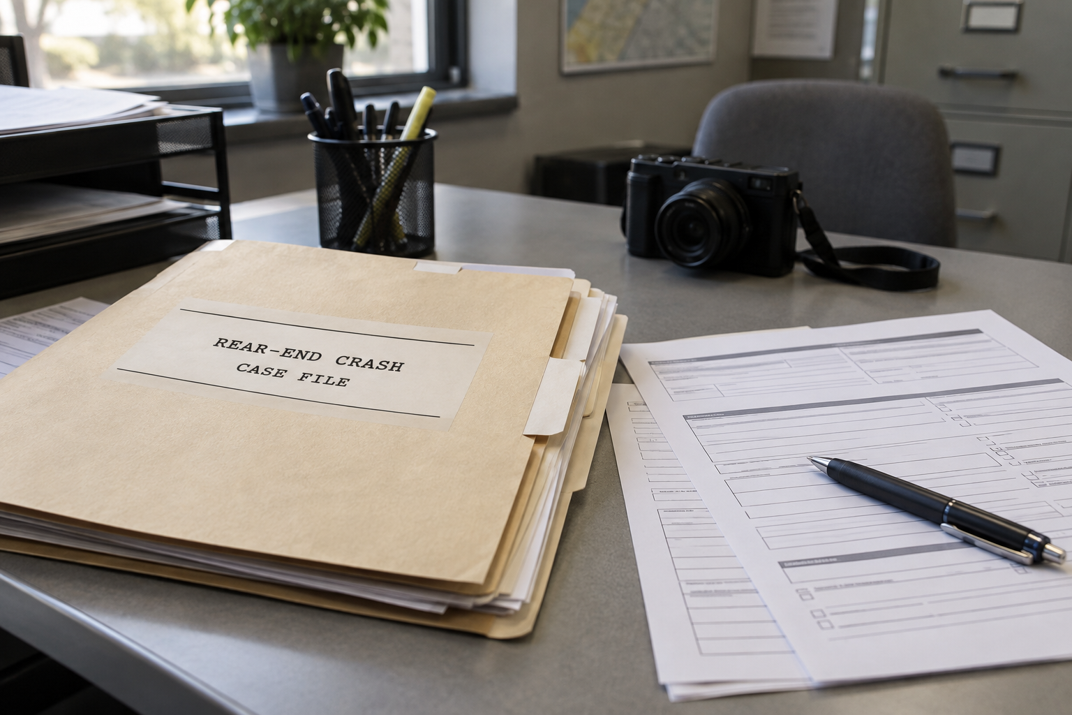 Crash-report and insurance paperwork illustrating evidence that may matter after a rear-end collision in St. John, Indiana.