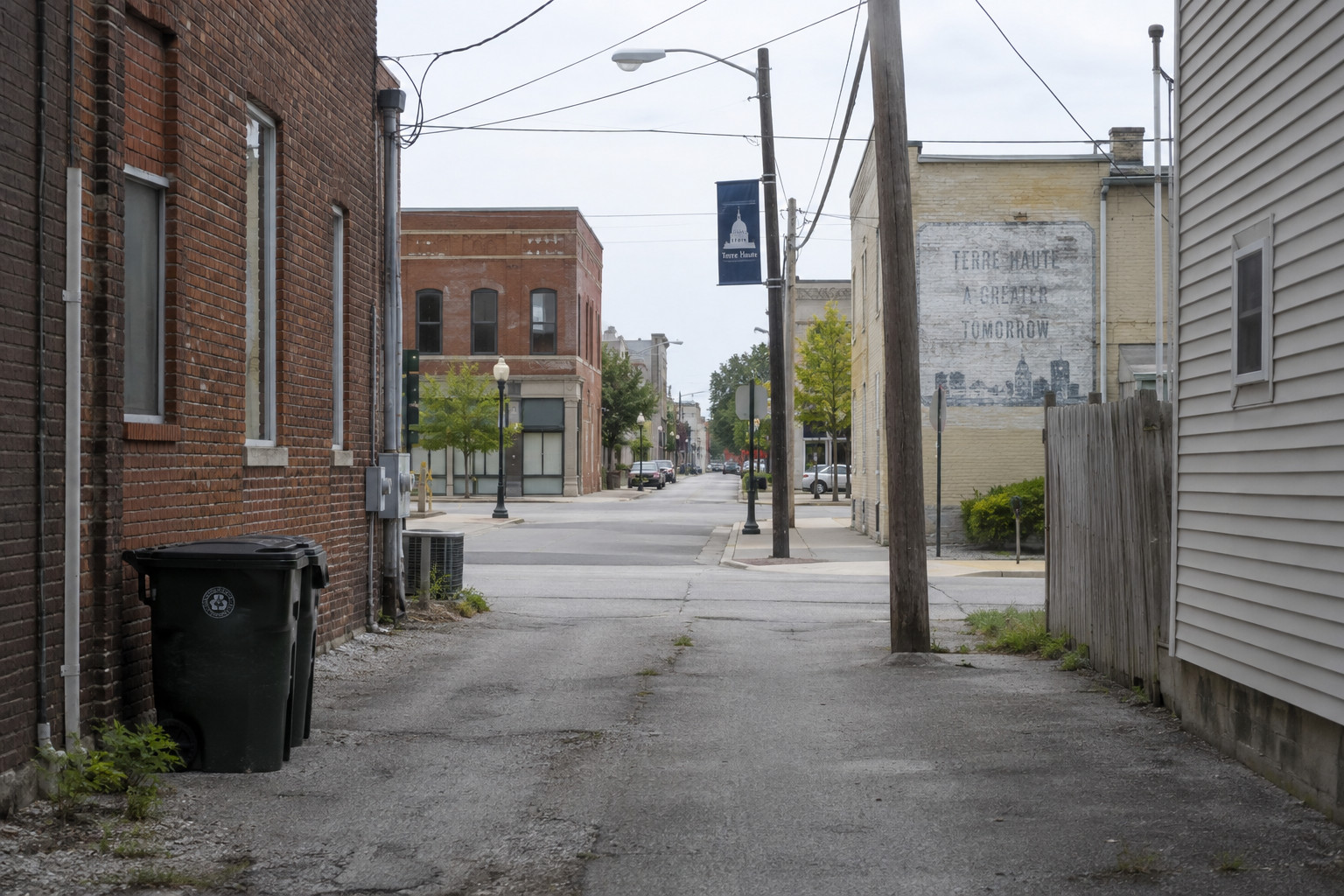 A Terre Haute alley and street setting providing context for the reported pursuit before the 17th Street crash.