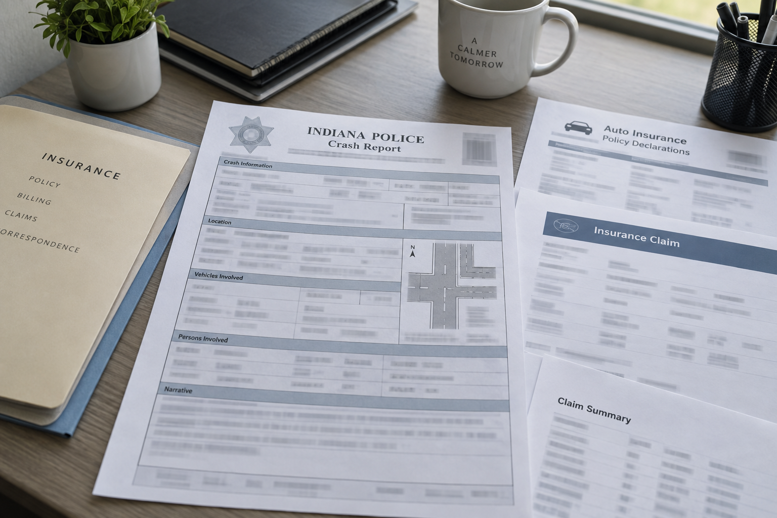 Crash report and insurance documents illustrating evidence and coverage issues after a Vigo County vehicle collision.