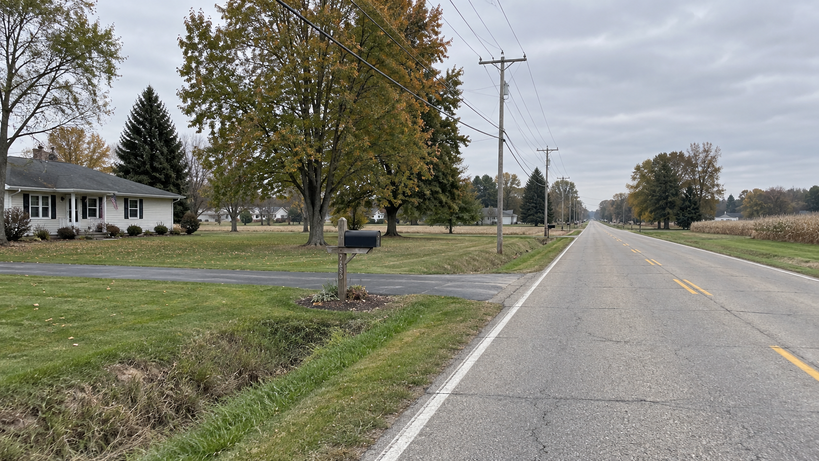 Residential roadside scenery in Elkhart County relevant to reported property damage during a County Road 17 police pursuit.