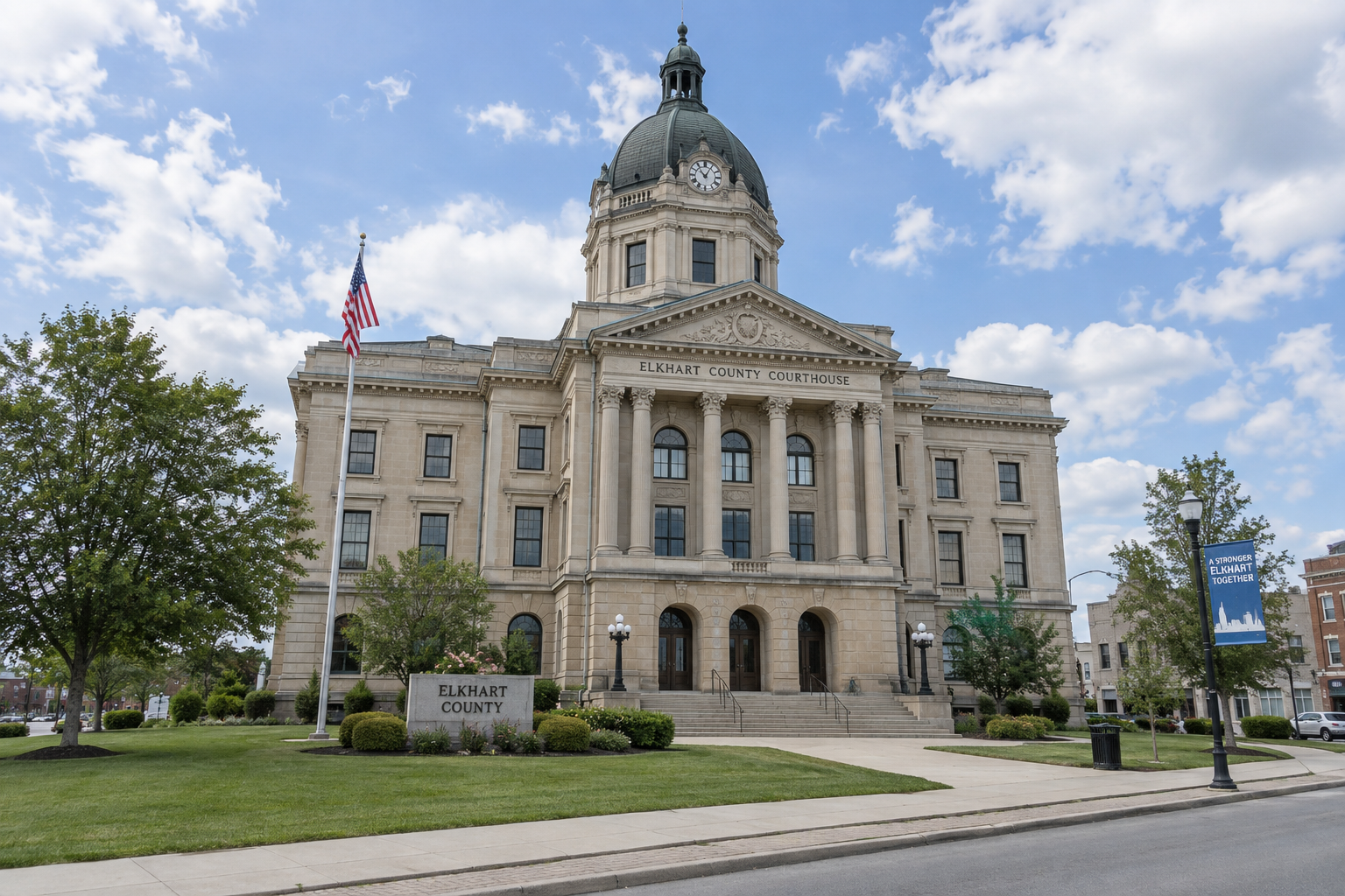 Elkhart County courthouse exterior representing the criminal and potential civil proceedings arising from the reported incident.
