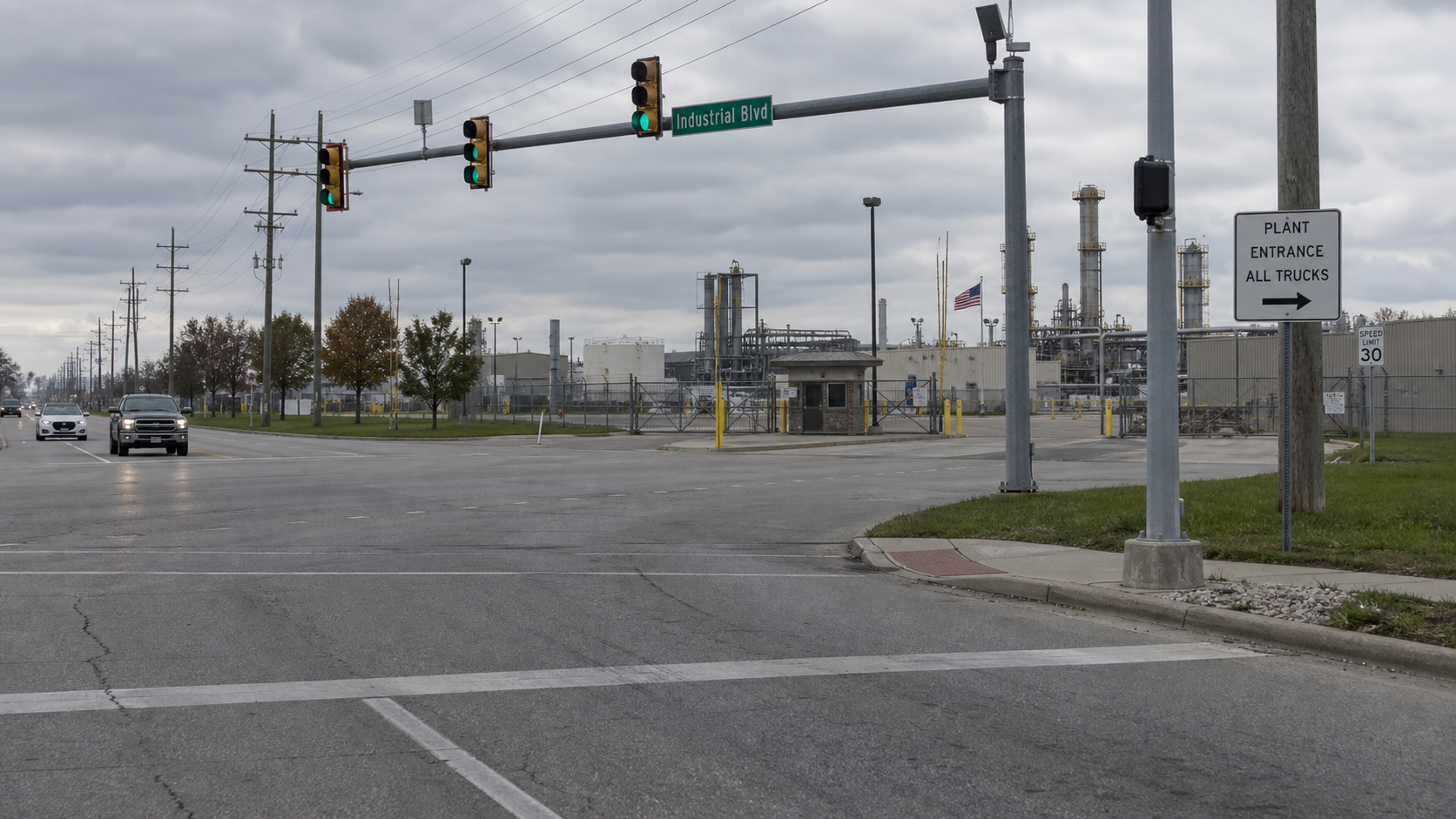 Signalized intersection near the Toyota plant entrance outside Princeton where a scooter rider was seriously hurt.