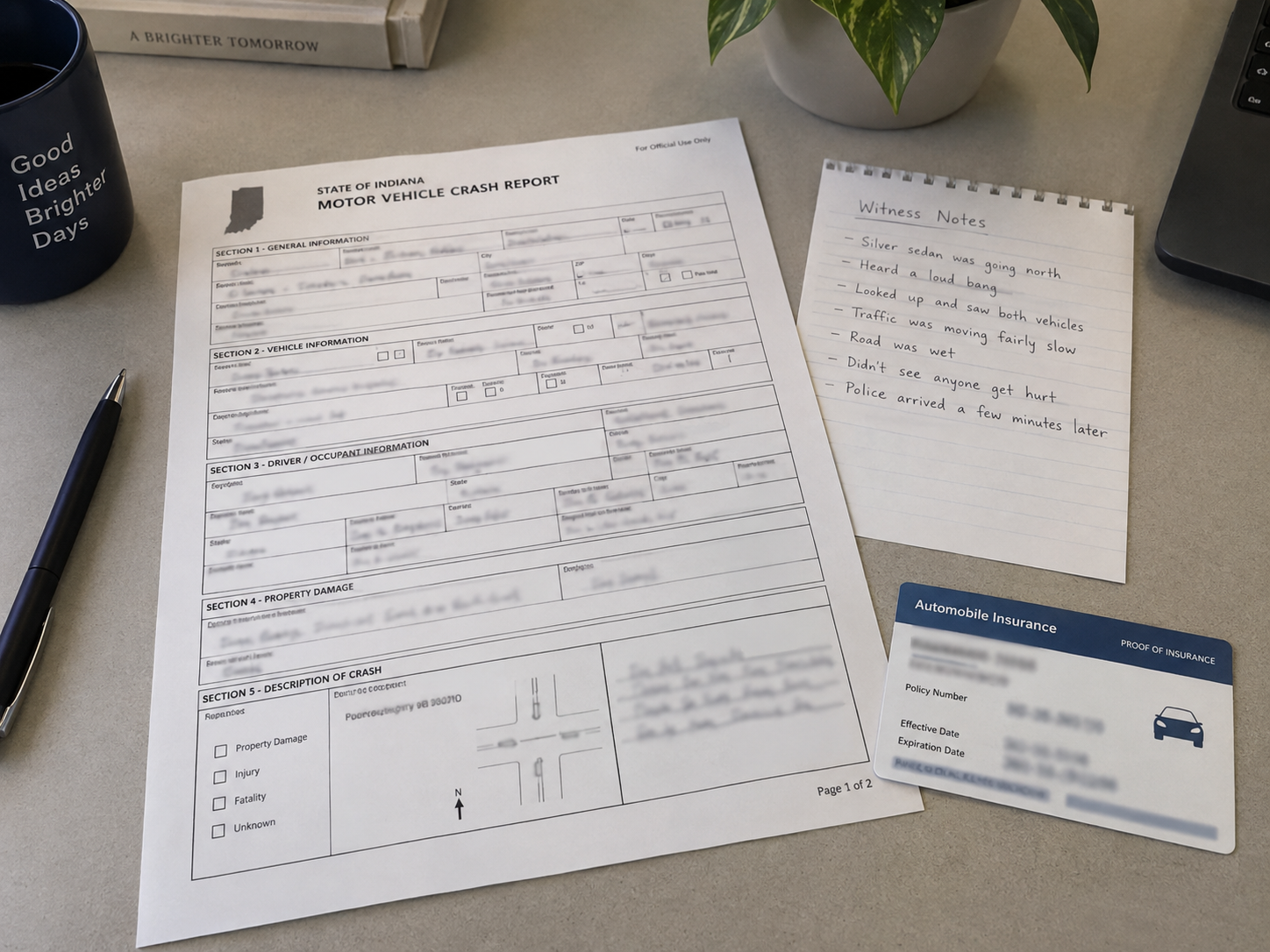 Generic crash records and witness notes represent evidence that may matter after an Elkhart County run-off-road crash.
