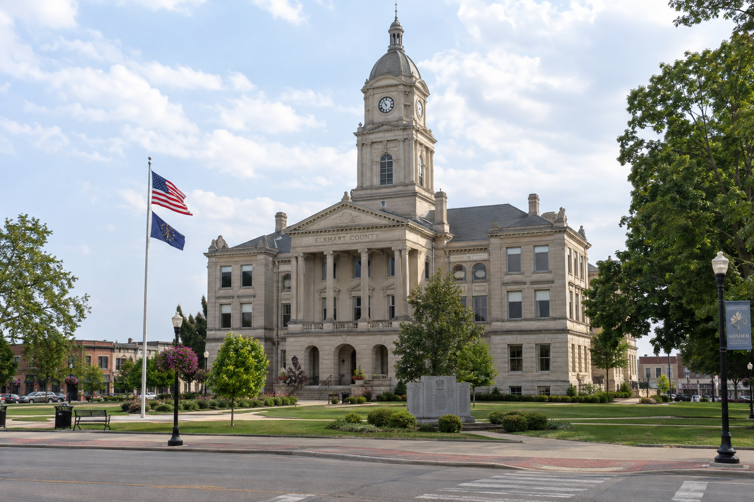 Elkhart County courthouse exterior, representing the local court system relevant to crashes occurring near Goshen, Indiana.