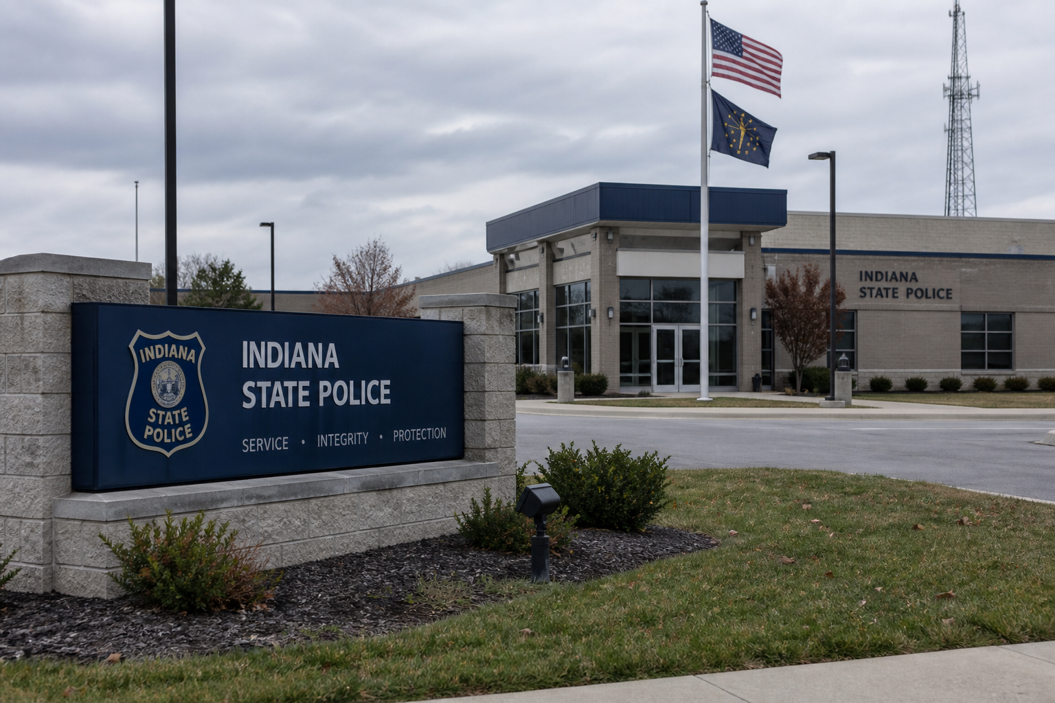 Indiana State Police post exterior representing the law-enforcement investigation into the multi-county pursuit and Marshall County crash.