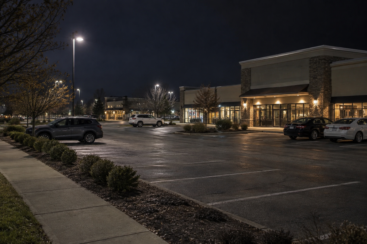 Nighttime commercial parking lot in Evansville near the area where the Gum Street assault was reported.