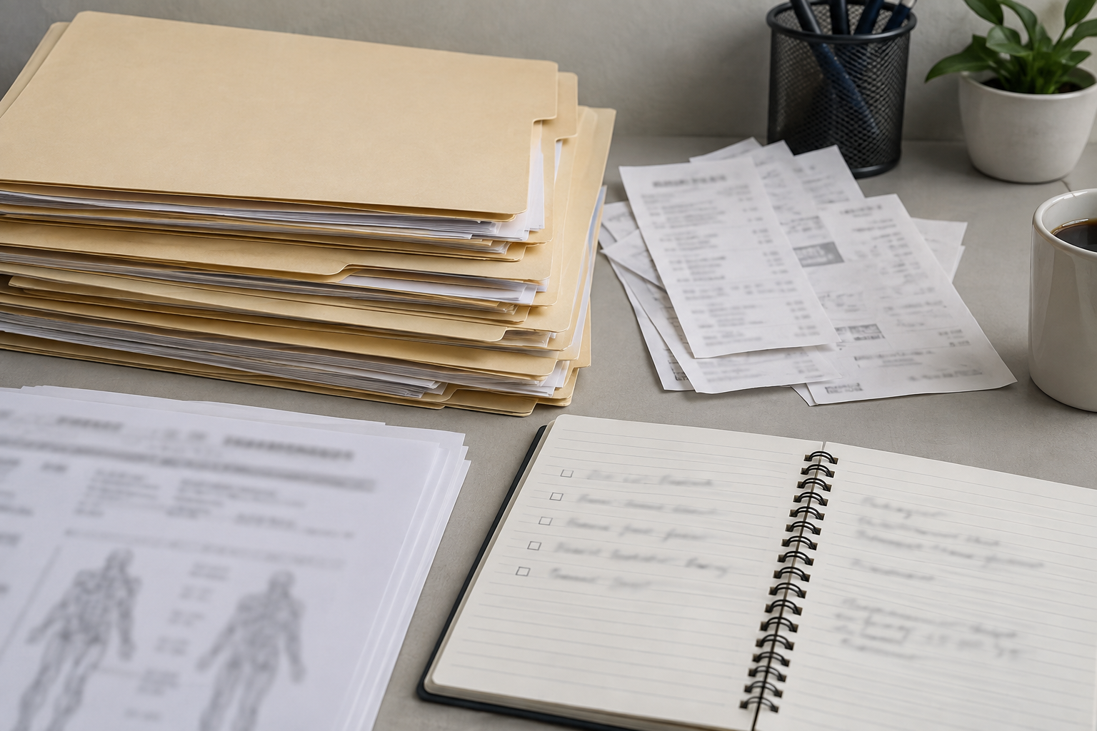 Organized medical and expense records relevant to documenting losses after an Evansville assault injury.