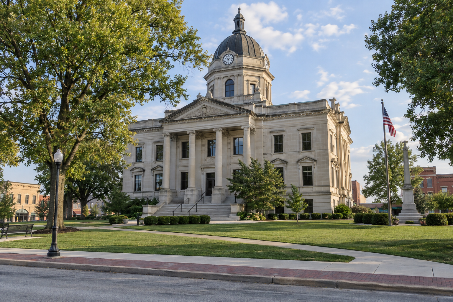 An Indiana county courthouse exterior represents the Clay County legal setting for an injury claim arising from an Interstate 70 crash.