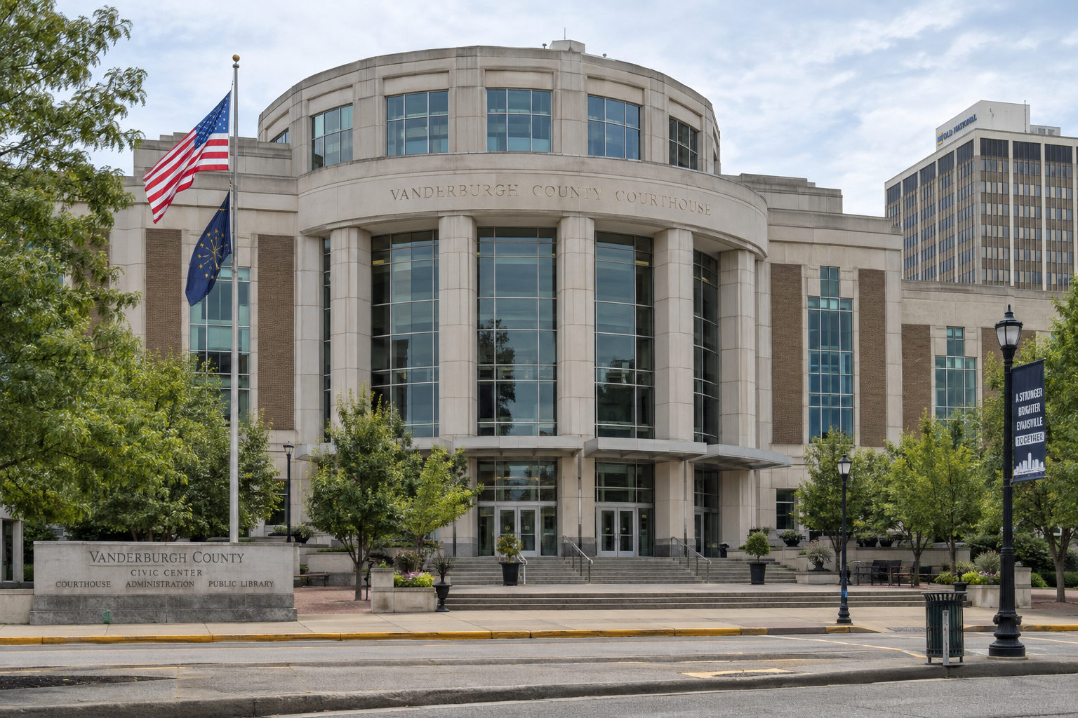 A Vanderburgh County courthouse exterior in Evansville provides local context for Indiana crash claims arising in the county.