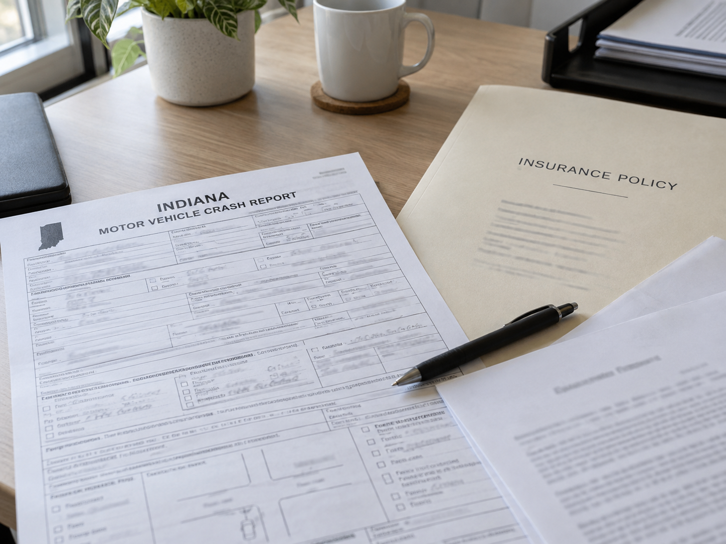 Crash-report and insurance documents represent the evidence and coverage questions that may follow an Evansville vehicle crash.