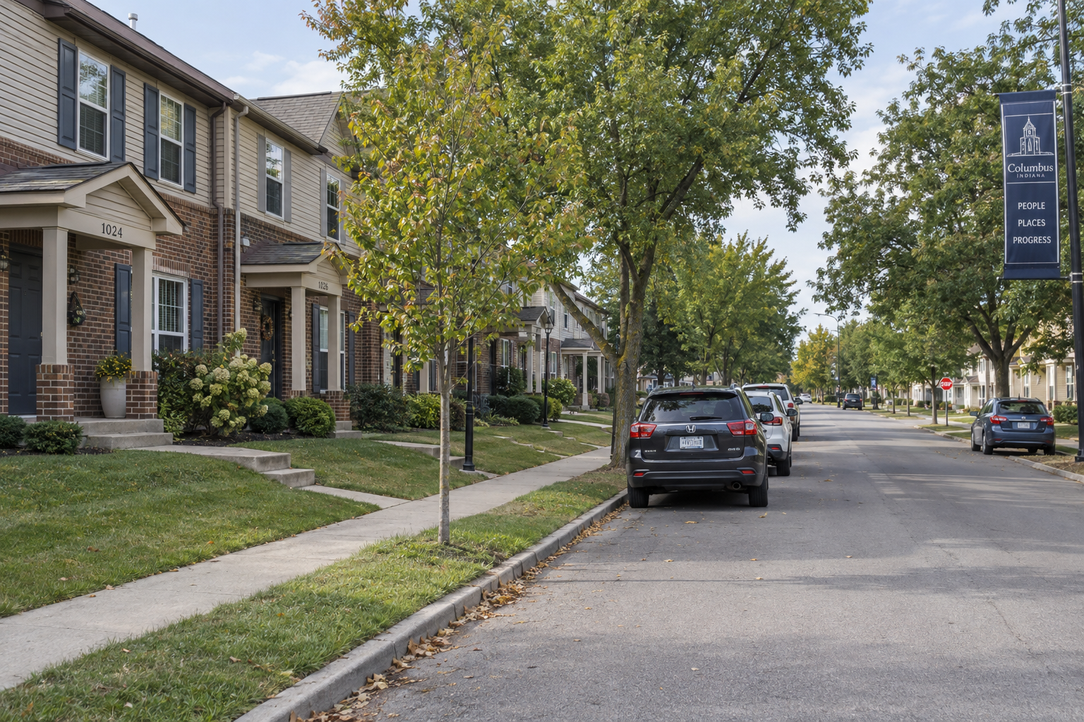 Residential street near a Columbus, Indiana townhome community, illustrating the setting of the Country Brook Street North shooting report.