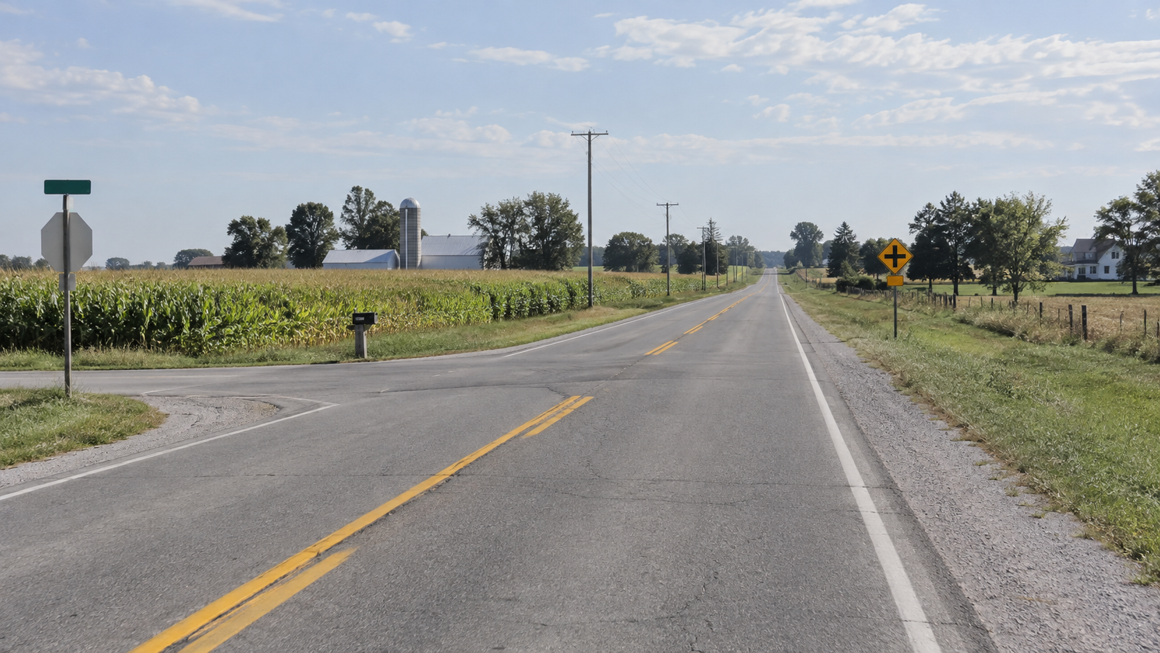 Roadway and sight-line conditions along a DeKalb County road near Spencerville, relevant to the reported pedestrian crash investigation.