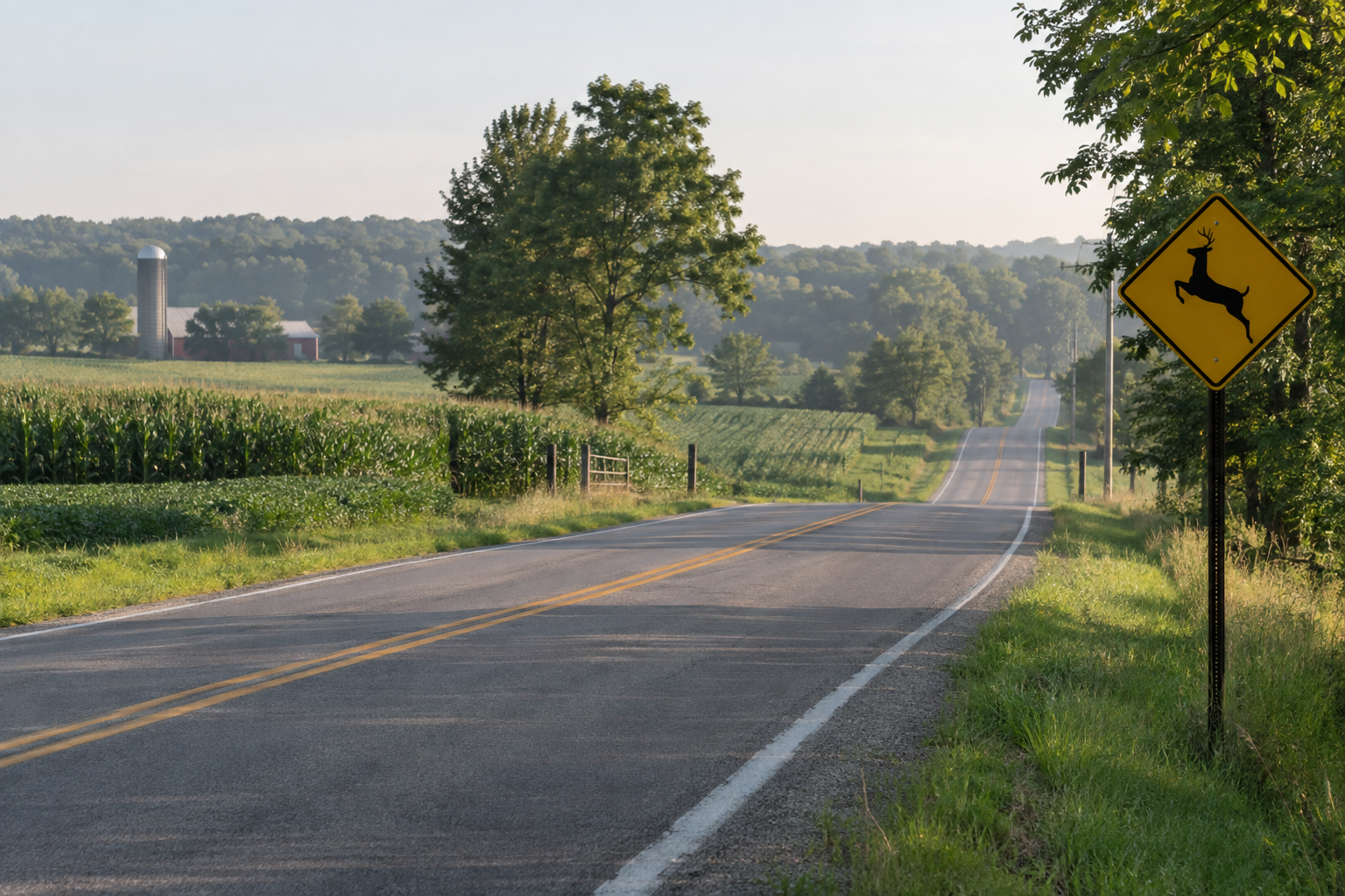 Deer crossing warning sign beside a rural road near Leesburg, relevant to deer collision safety in Kosciusko County.