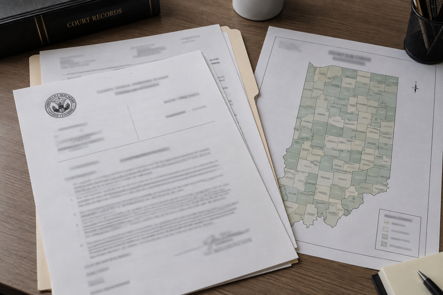 Generic court records and an Indiana county map representing the separate criminal and civil issues following the LaPorte County shooting.