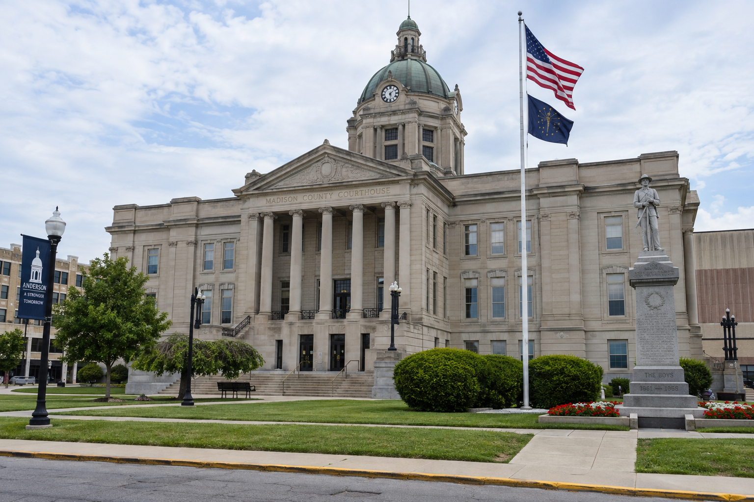 Madison County courthouse in Anderson, providing local legal context for the reported Mounds Road robbery investigation.