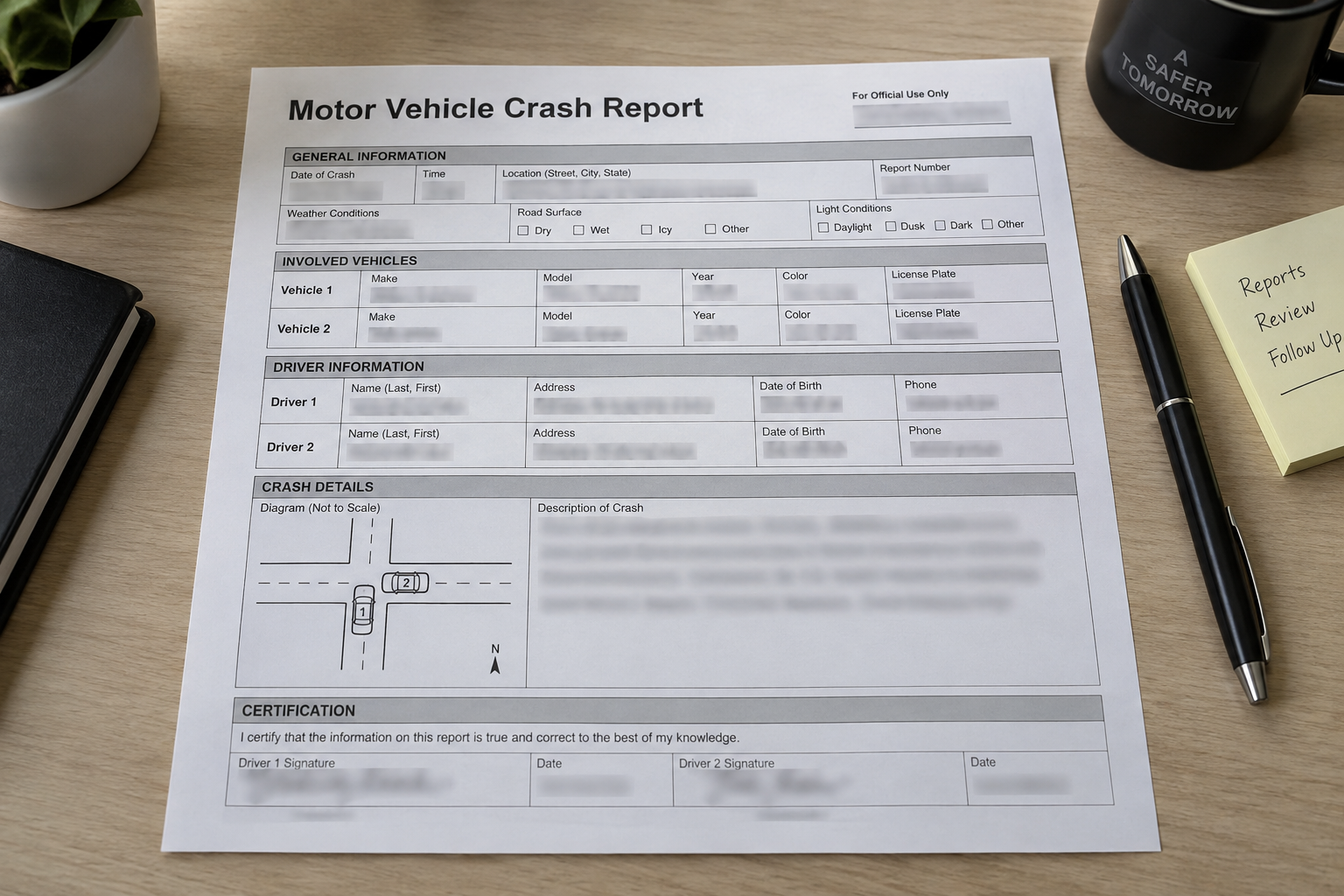 Generic Indiana crash-report paperwork illustrating the records that may document the U.S. 30 collision near Warsaw.
