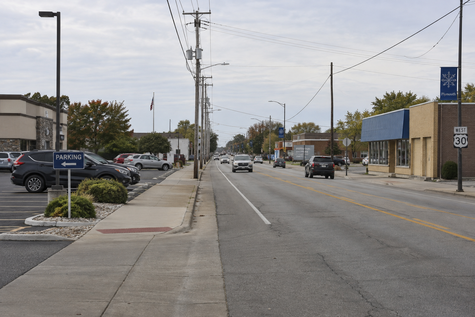 West Jefferson Street and a commercial parking lot entrance in Plymouth, Indiana, illustrating the setting of the reported traffic dispute.