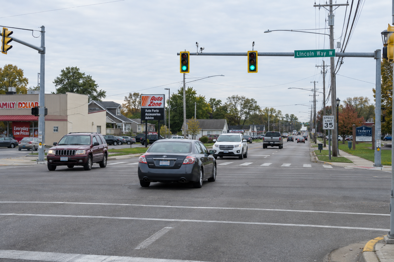 A South Bend city intersection near Lincoln Way West, where an ambulance was struck during a police pursuit.