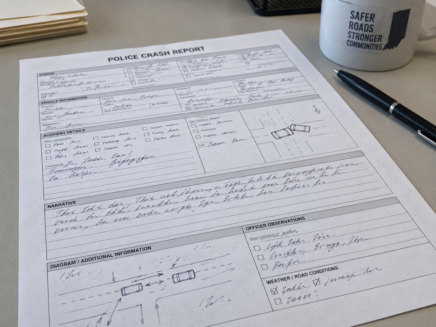 Generic Indiana crash-report paperwork representing records and evidence after a Bedford hit-and-run.