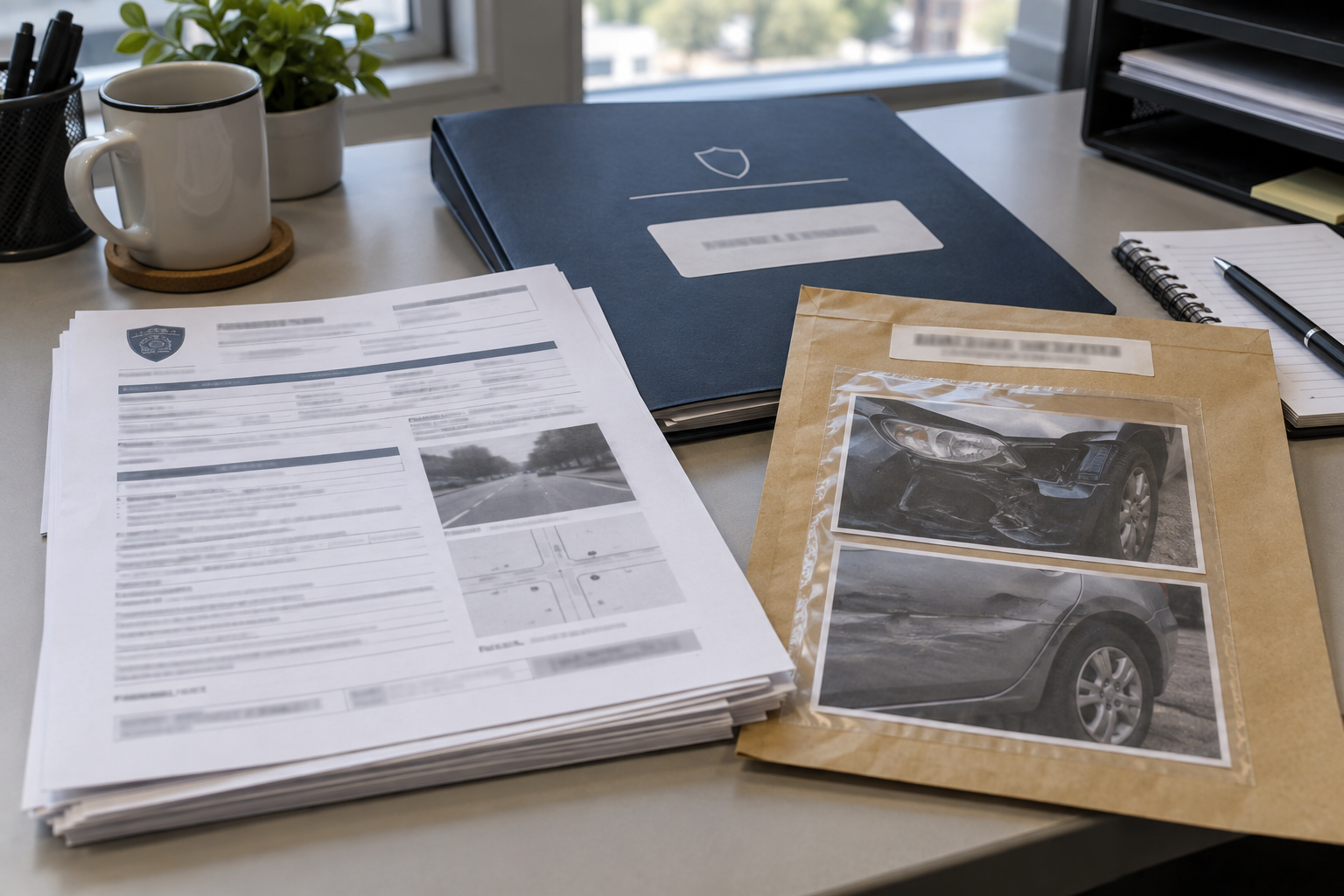 Generic police and insurance records representing evidence and coverage questions after an Evansville vehicle-related injury incident.