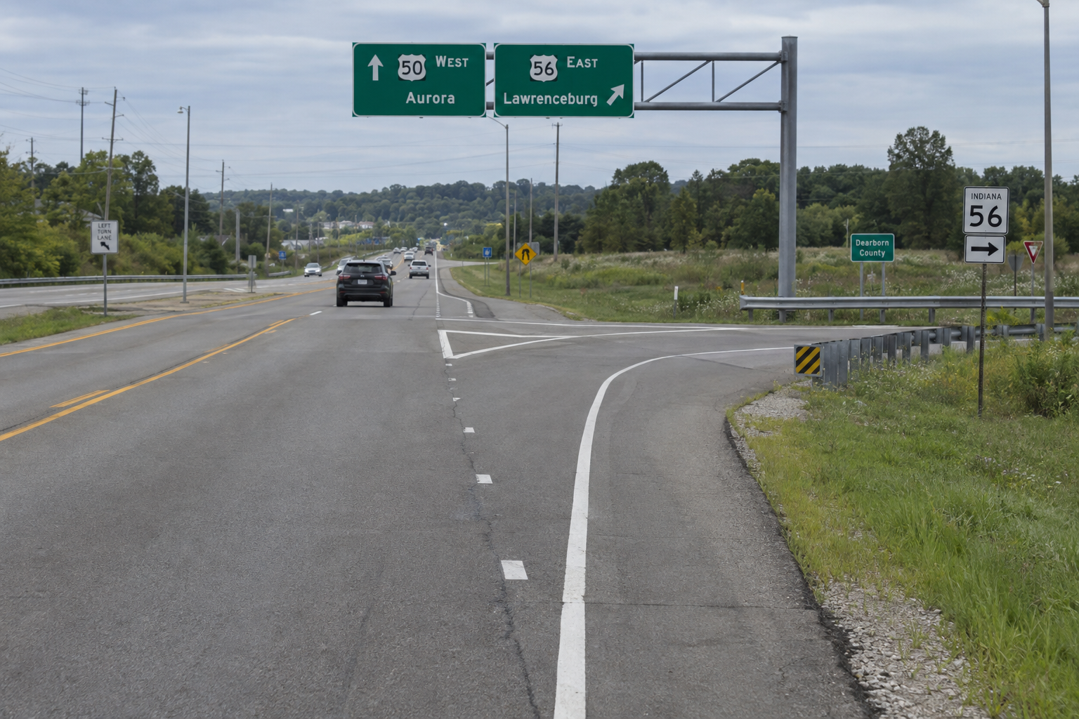 Highway setting in Dearborn County illustrating the U.S. 50 corridor where the wrong-way pursuit was reported.