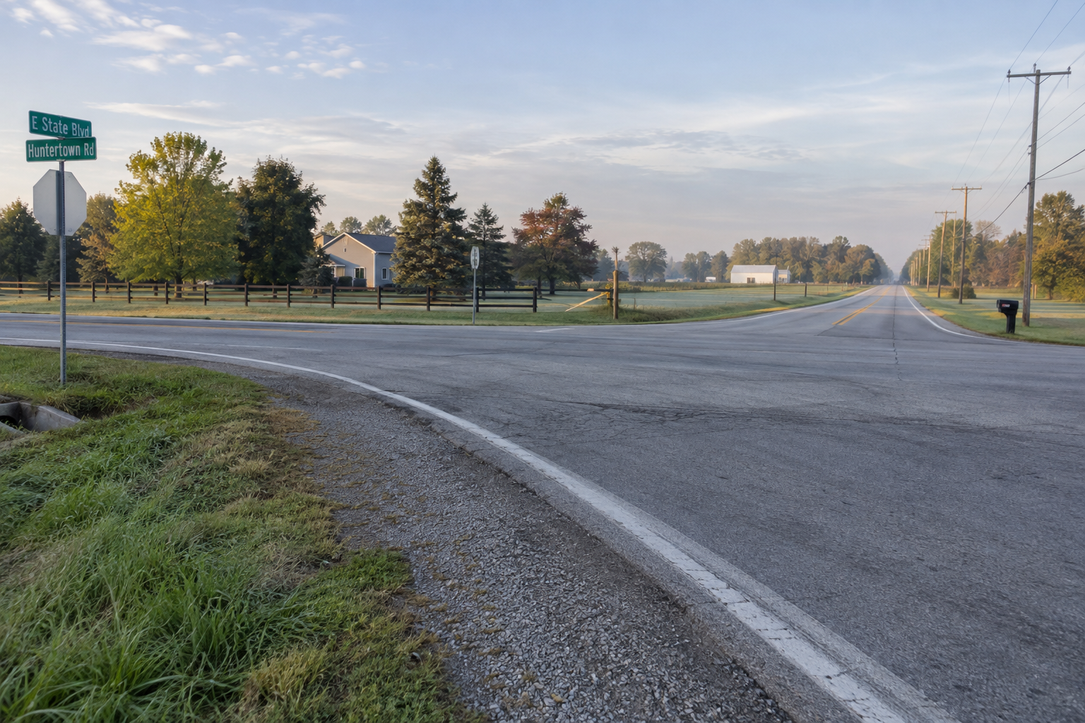Road intersection in Huntertown, Allen County, where investigators responded to a fatal head-on collision.