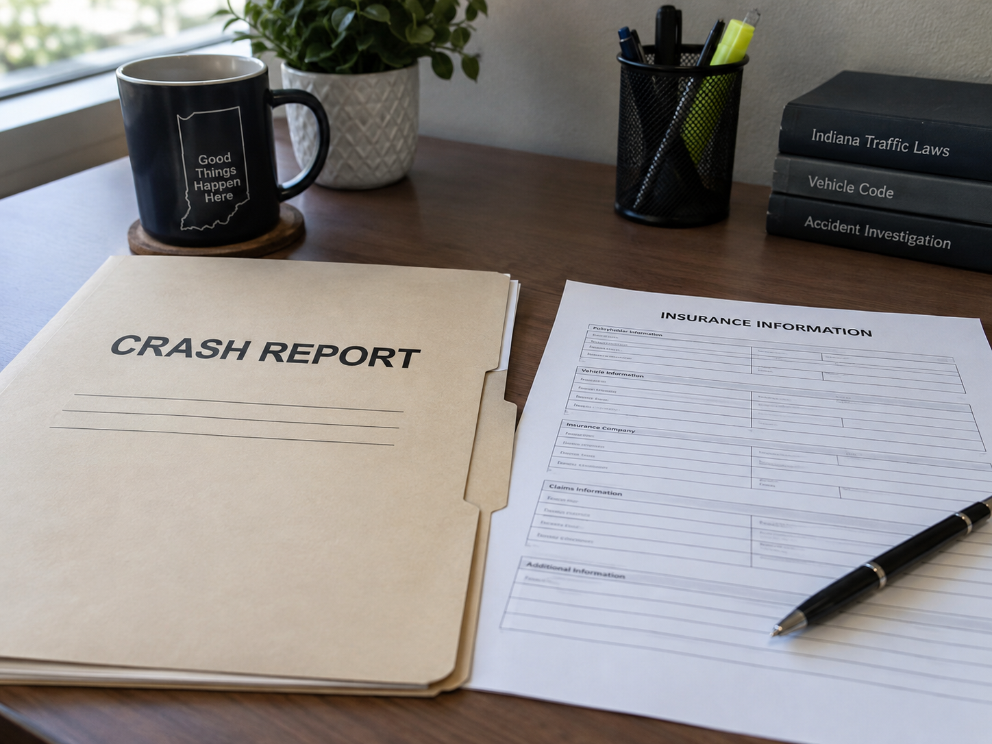 Generic crash-report and insurance documents representing records that may matter after an Elkhart County road accident.