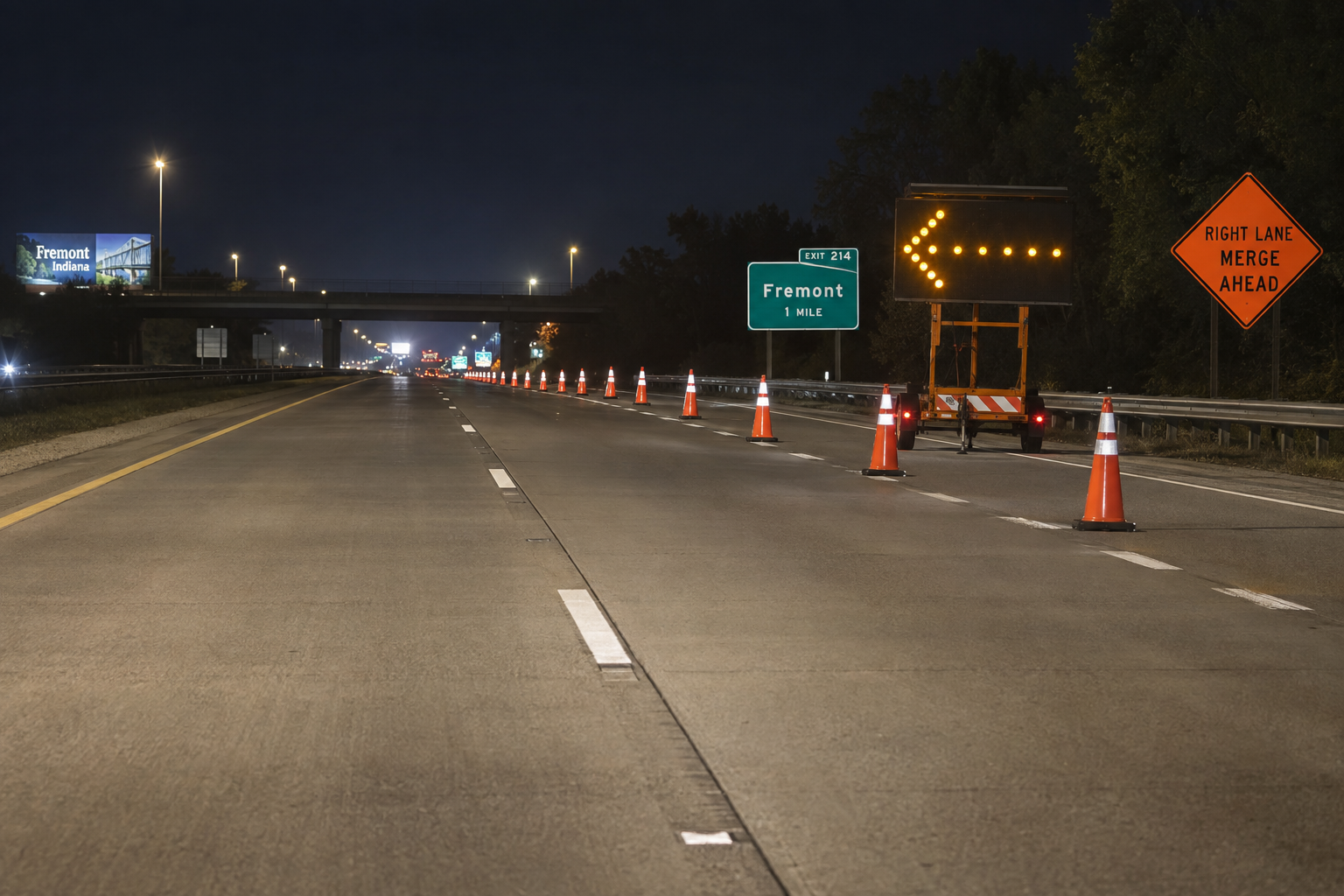 A marked highway work-zone merge near Fremont, relevant to the four-semi collision on the Indiana Toll Road.