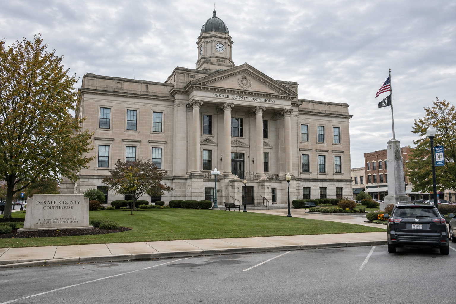 A county courthouse exterior representing potential Steuben County proceedings after the Indiana Toll Road truck crash.