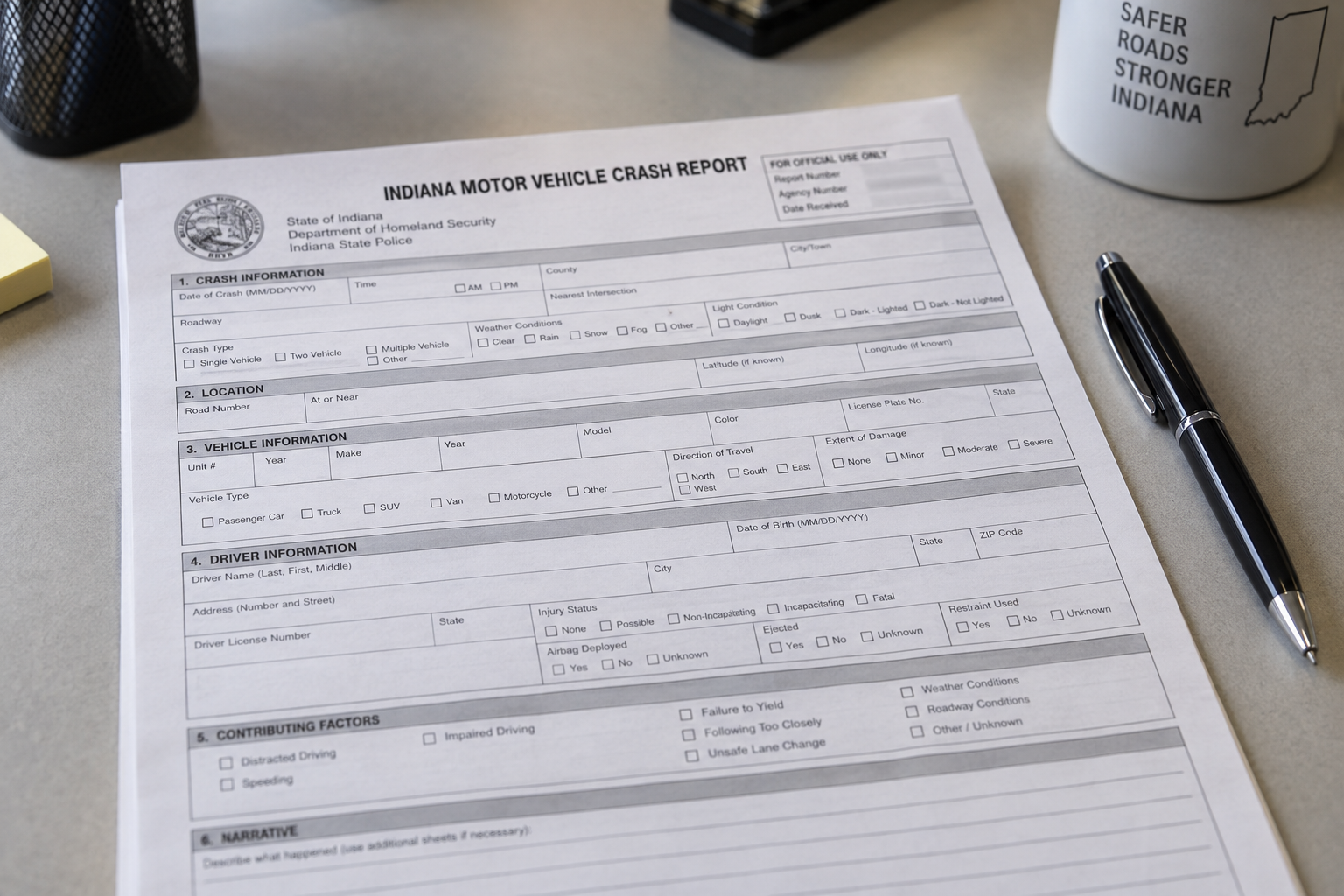 Generic Indiana crash report illustrating the records that may document a rear-end collision in Kosciusko County.