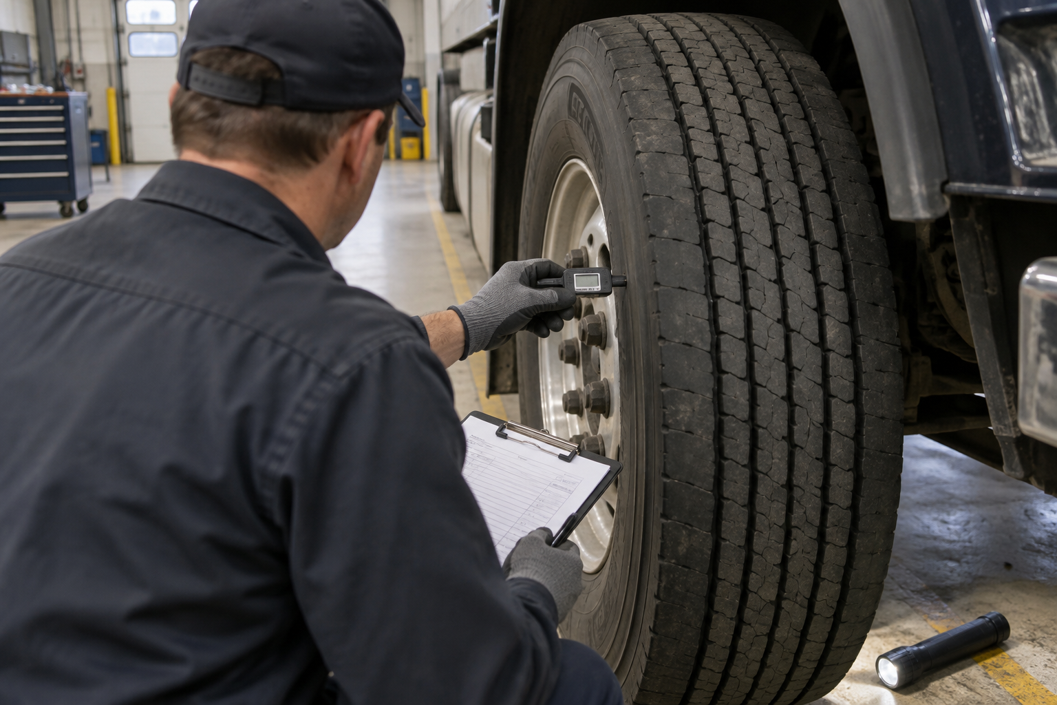 Commercial truck tire inspection illustrating evidence that may matter after an Indiana semi tire blowout.