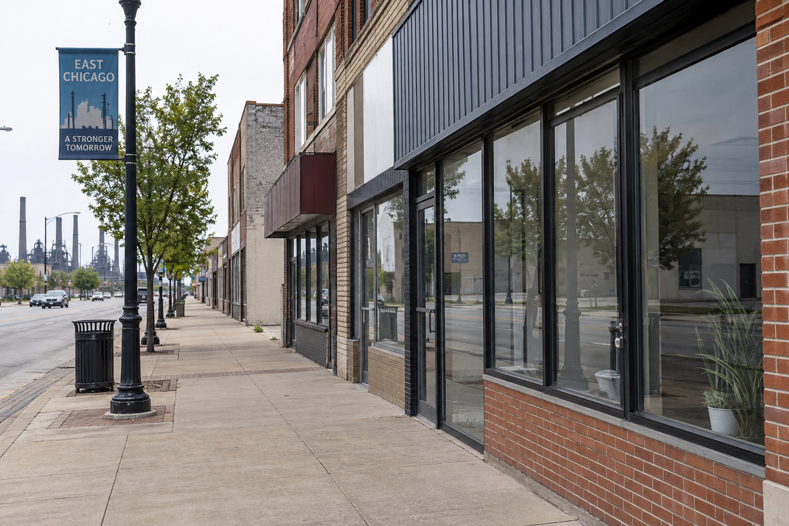 Commercial sidewalk in East Chicago, Indiana, representing the location context of the fatal shooting investigation.