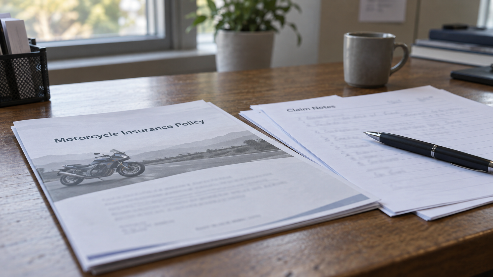 Motorcycle insurance documents representing coverage questions after an animal-strike crash in Indiana.