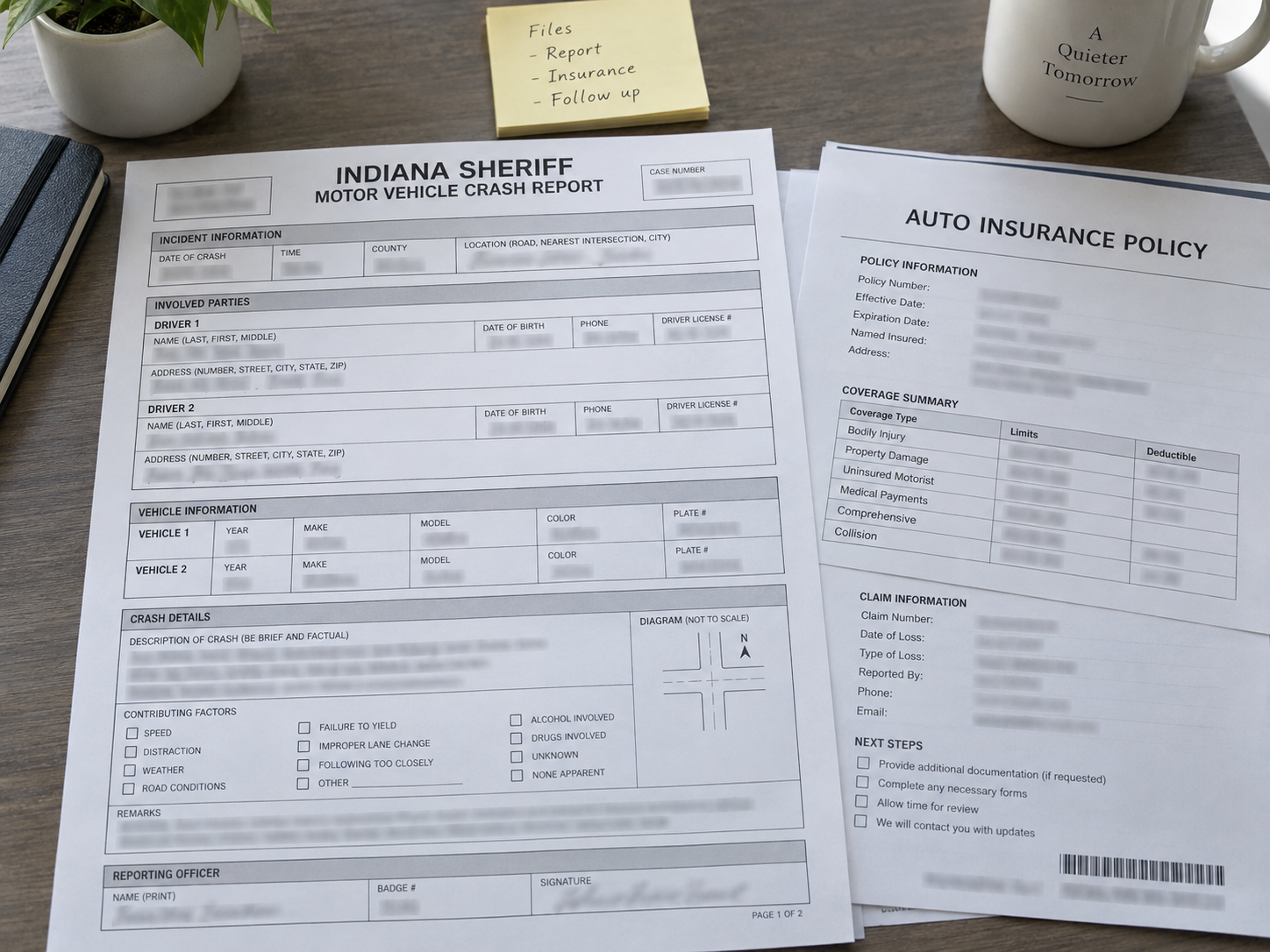 Crash report and insurance documents illustrating evidence and coverage issues after a Cass County single-vehicle crash.