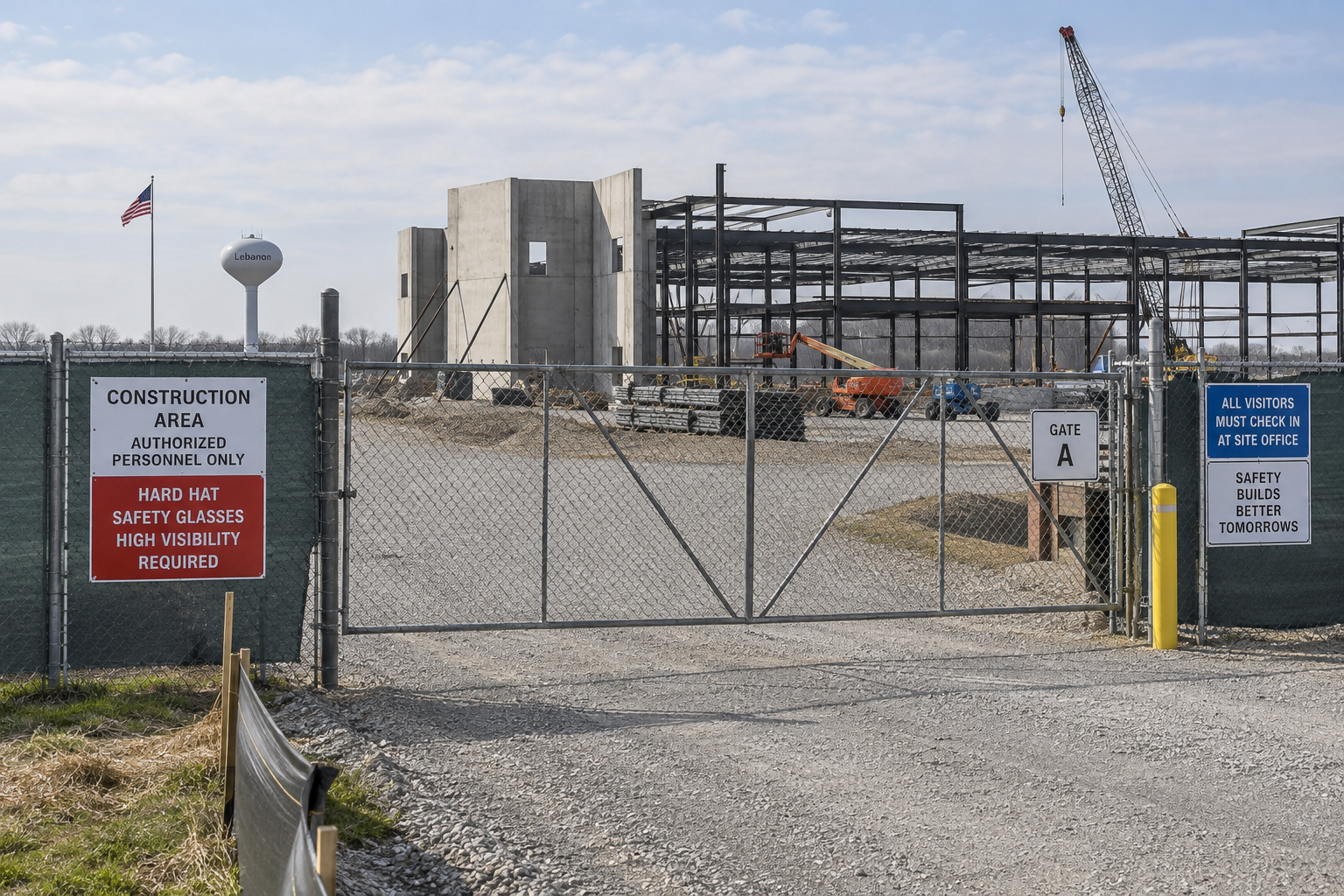 Construction site entrance in Lebanon, Indiana, illustrating the workplace setting of the fatal incident.